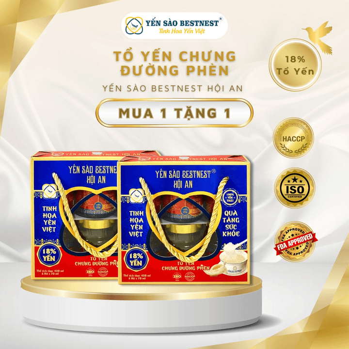 [mua 1 Tặng 1] Yến Sào Bestnest Hội An - Tổ Yến Chưng Sẵn Đường Phèn 18% - Hộp Quai Xách 6 Hũ X 70ml