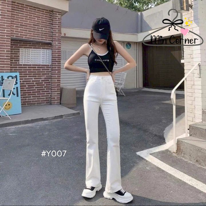 Alternative view of Quần Ống Loe Màu Trắng Kiểu Mỹ Jiashucheng Quần Dài Thon Gọn Cạp Cao Mq208 - Min Corner