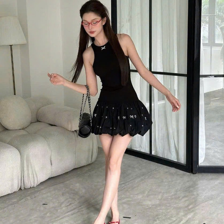 [shoppumi] Đầm Cami Sát Nách Phồng Bí Đinh Nơ 2 Màu Đen Và Trắng Size Sm Pumi