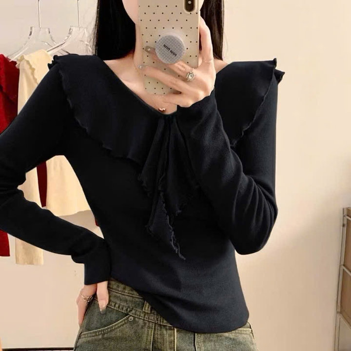 Áo Thun Tay Dài Cổ V Phối Bèo Cuốn Biên Ôm Body Ug47kh- Sam Store
