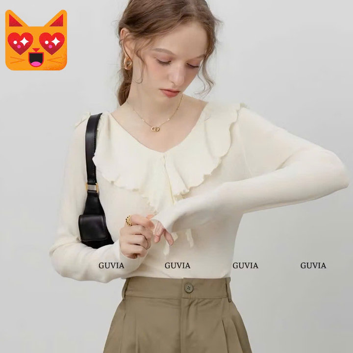 Alternative view of Áo Thun Tay Dài Cổ V Phối Bèo Cuốn Biên Ôm Body Ug47kh- Sam Store