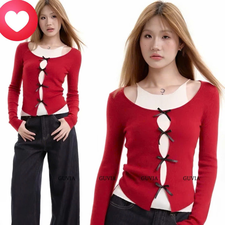 Áo Cardigan Tay Dài Phối Yếm Cổ Đính Nơ Áo Lót Yếm Trong Ôm Body Gu46de-nana House