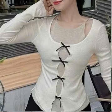 Alternative view of Áo Cardigan Tay Dài Phối Yếm Cổ Đính Nơ Áo Lót Yếm Ôm Body Ug46we-sam Store