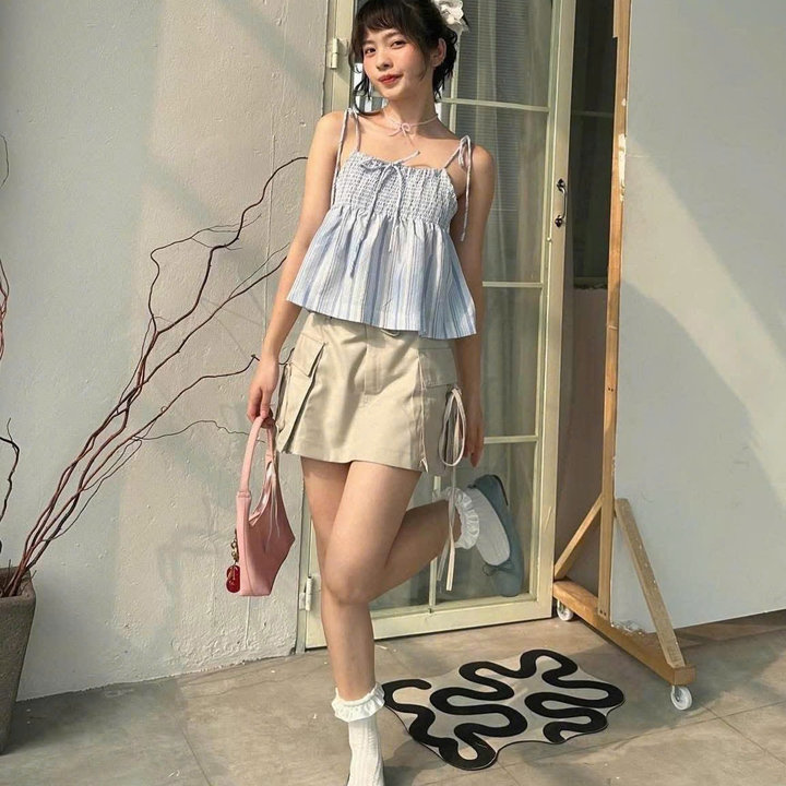 Alternative view of [shoppumi] Áo Kiểu 2s Cột Form Babydoll Thân Nhún 2 Màu Xanh Và Hồng Freesize Pumi