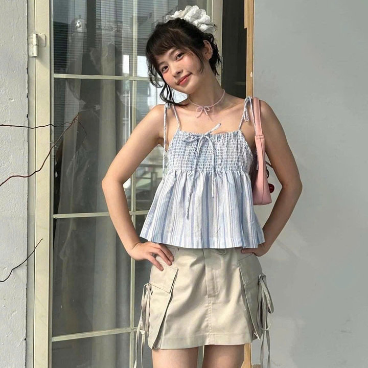[shoppumi] Áo Kiểu 2s Cột Form Babydoll Thân Nhún 2 Màu Xanh Và Hồng Freesize Pumi