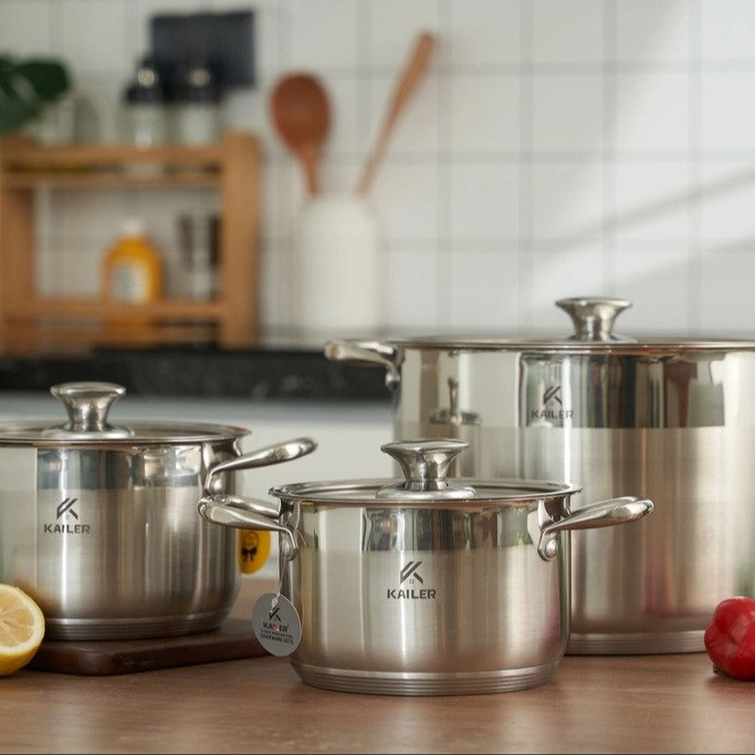 Bộ Nồi 3 Món Kailer 6668 5 Đáy Inox 304 Sử Dụng Cho Bếp Từ - Có Nồi Luộc Gà Size 18-20-28cm - Bảo Hành 60 Tháng