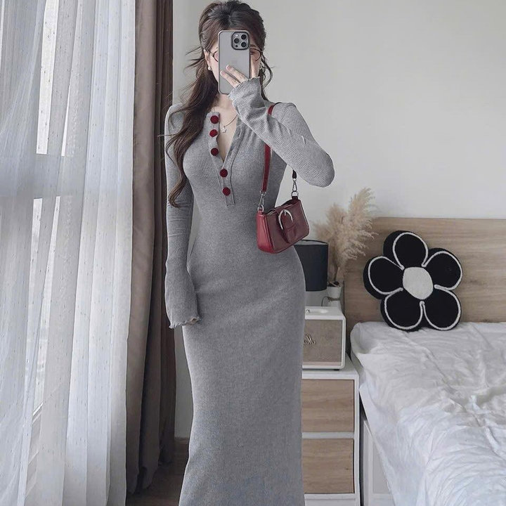 Đầm Thun Tăm Lạnh Dáng Dài Nút Bọc Tb80hf - Nana House