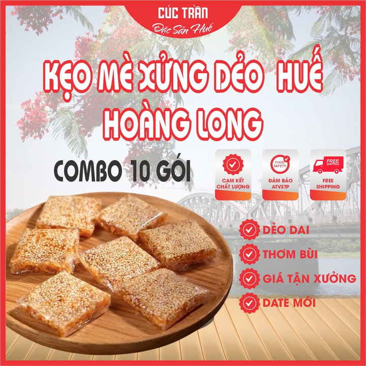 Combo 10 Gói ( Gần 2 Kg ) Kẹo Mè Xửng Dẻo Huế Hiệu Hoàng Long: Dẻo, Dai, Thơm, Bùi Béo Ăn Là Ghiền - Ctb835
