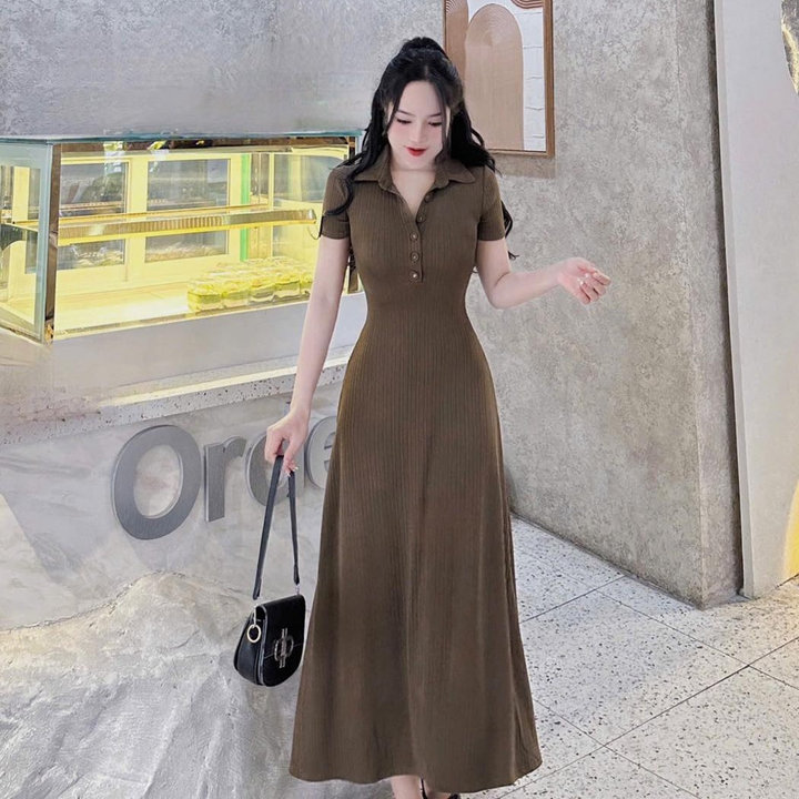 Đầm Thun Tăm Dáng Dài Tay Ngắn Cổ Sơ Mi Bt78gh-nana House
