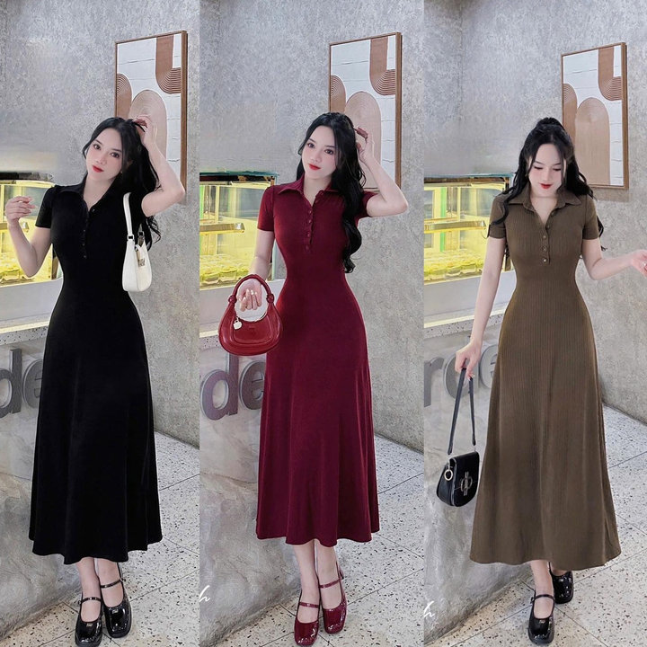 Đầm Thun Tăm Dáng Dài Tay Ngắn Cổ Sơ Mi Tb78fd-sam Store