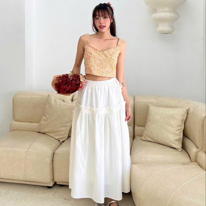 [shoppumi] Áo Kiểu Moli Dáng Crop Tone Cam Hoa Nhí Cột Nơ Sau Hở Lưng Freesize Pumi