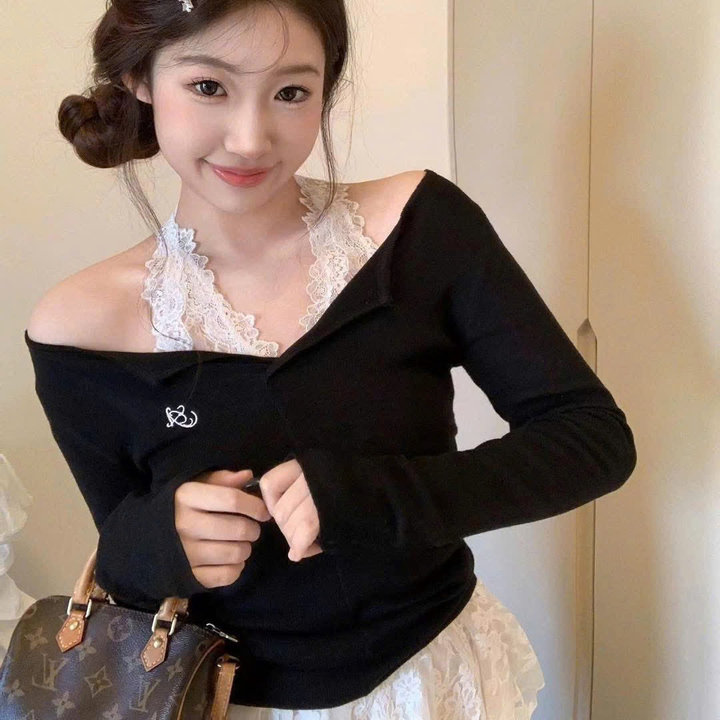 Alternative view of [shoppumi] Set Áo 2 Món Odin Top Gồm Áo Ren Bên Trong Và Áo Thun Tay Dài Bên Ngoài Freesize Pumi