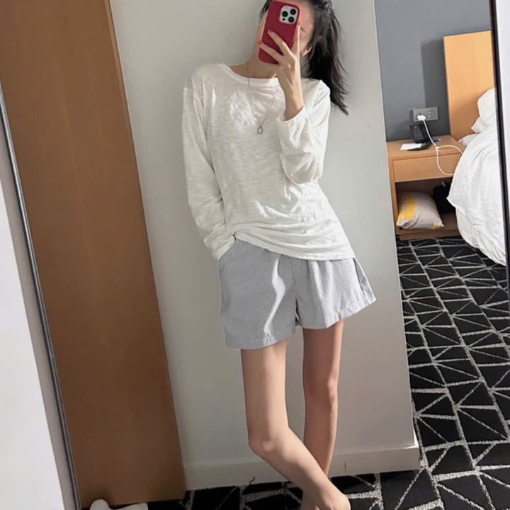 Alternative view of [shoppumi] Quần Short Linen Kẻ Sọc Lưng Thun Freesize Pumi