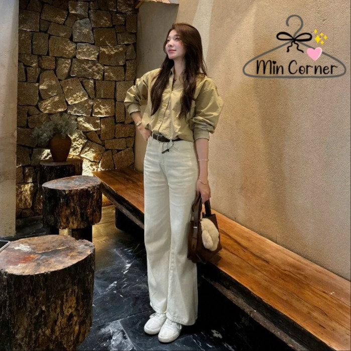 Quần Jeans Suông Mềm Be Kem Dáng Đứng Mq211 - Min Corner