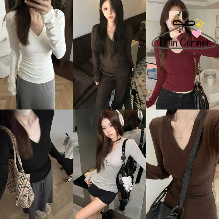 Áo Thun Nữ Dài Tay Cổ Tim Chất Cotton Không Pha Nilon Giữ Nhiệt Ôm Body Mat80 - Min Corner