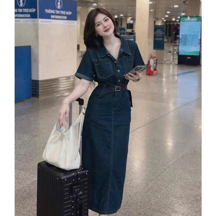 Đầm Denim Nhún Eo Túi Hộp Kèm Dây Nịt Bt125d-sam Store