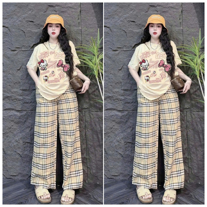 Alternative view of Sét Bộ Đồ Nữ Quần Ống Suông Kẻ Caro Màu Vàg + Mix Áo Phông Unisex Form Thụng