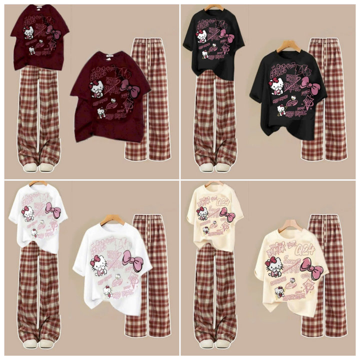Tổng Hợp Các Sét Bộ Quần Ống Rộng Kẻ Caro Đỏ + Mix Áo Phông Mèo Cute Unisex Form Thụng