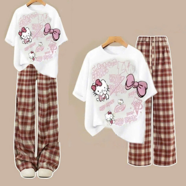 Alternative view of Tổng Hợp Các Sét Bộ Quần Ống Rộng Kẻ Caro Đỏ + Mix Áo Phông Mèo Cute Unisex Form Thụng