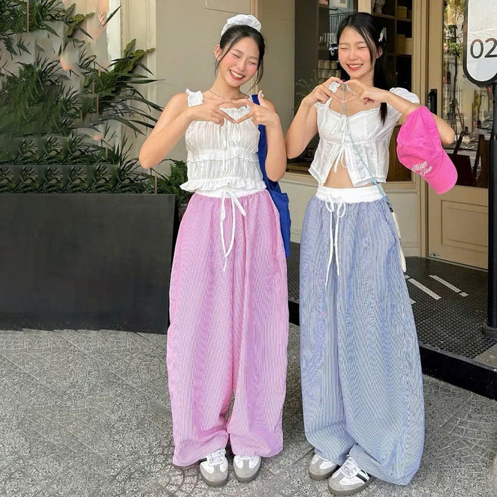 Quần Ống Rộng Kẻ Sọc Dây Rút Phối Cạp Trắng Ug77mn-nana House