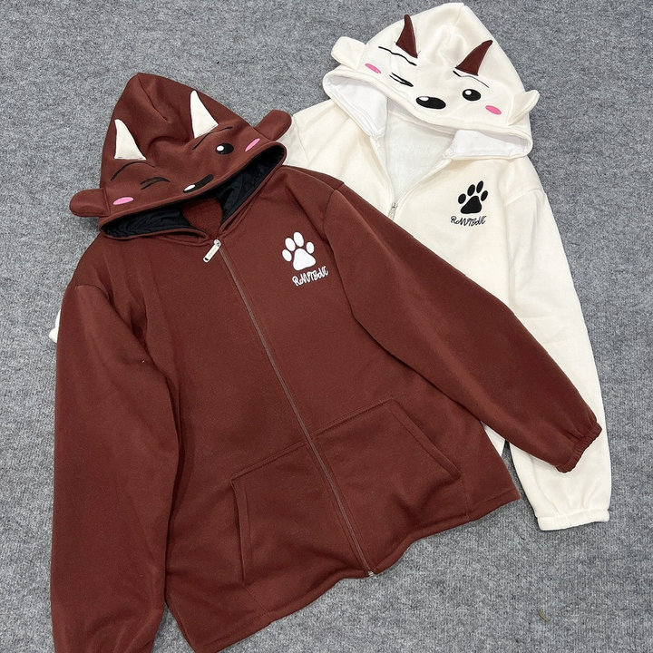 Áo Khoác Nỉ Nam Nũ Có Nón Thiết Kế Khóa Kéo Họa Tiết Bàn Chân Mèo - Htm Fashion