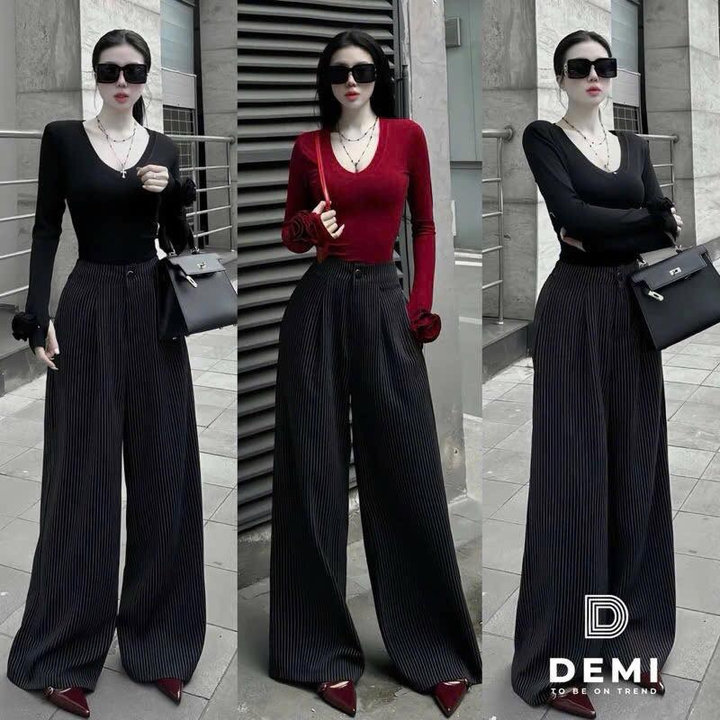 Set Áo Thun Tăm Đính Hoa Phối Quần Suông Kaki Sọc Lưng Thun Bt97re-sam Store