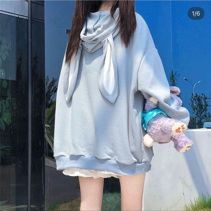 Áo Khoác Nỉ Nữ Có Nón Tai Thỏ Dài In Gấu Dễ Thương - Htm Fashion
