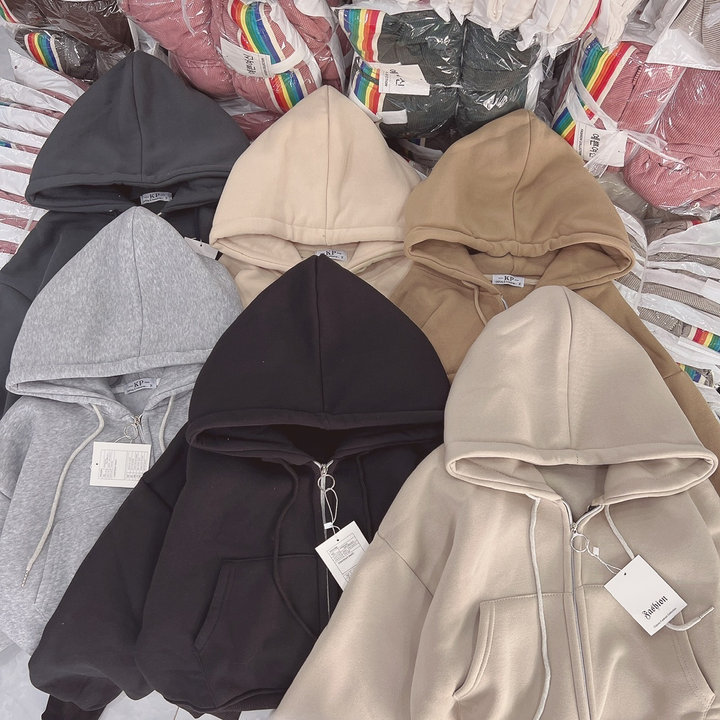 Alternative view of Áo Khoác Trơn Nỉ Nữ Croptop Nữ Có Nón Thiết Kế Khóa Kéo - Htm Fashion