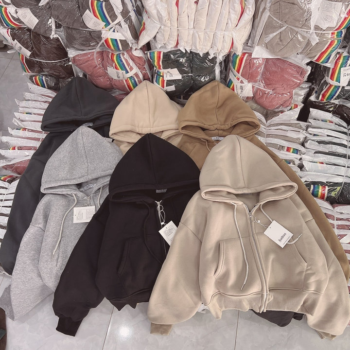 Áo Khoác Trơn Nỉ Nữ Croptop Nữ Có Nón Thiết Kế Khóa Kéo - Htm Fashion