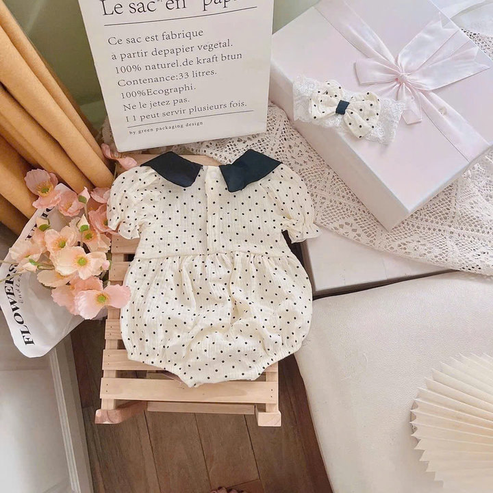 Alternative view of Set Đồ Liền Thân Body Chấm Bi Cổ Sen Đính Nơ Bodysuit Bé Gái Sơ Sinh 1 2 Tuổi
