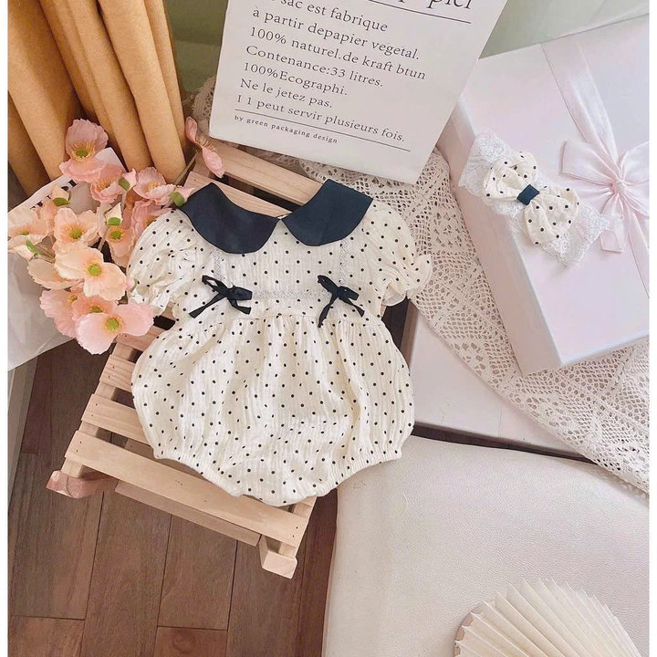 Set Đồ Liền Thân Body Chấm Bi Cổ Sen Đính Nơ Bodysuit Bé Gái Sơ Sinh 1 2 Tuổi
