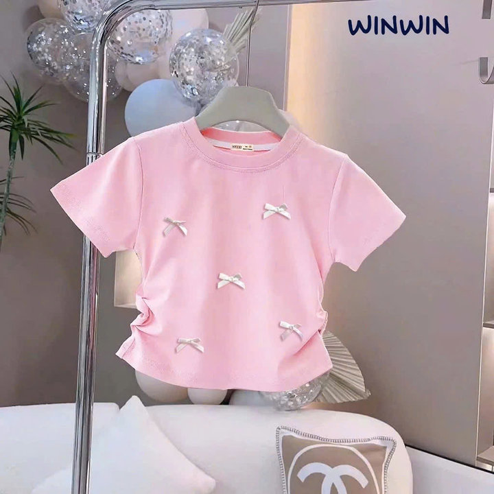 Áo Thun Croptop Kiểu Rút Eo Đính Nơ Nhí Hottrend Từ 8-45kg Bé Gái