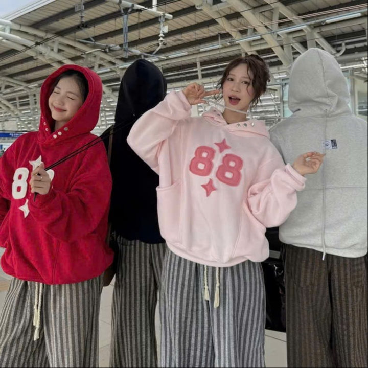 Alternative view of Áo Hoodie Nam Nữ Thêu Nổi Số 88 Nón Có Nút Bấm Dày Mịn - Htm Fashion