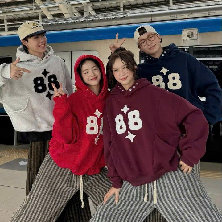 Áo Hoodie Nam Nữ Thêu Nổi Số 88 Nón Có Nút Bấm Dày Mịn - Htm Fashion