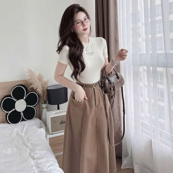 Set Áo Thun Thêu Chữ Mix Chân Váy Kaki Có Túi Kèm Dây Nịt Tb115lk-nana House