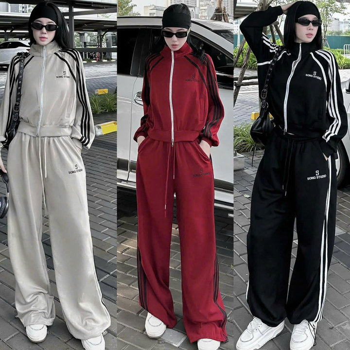Set Bộ Đồ Nỉ Nữ Áo Khoác Kéo Quần Ống Xuông Họa Tiết Chữ S - Htm Fashion