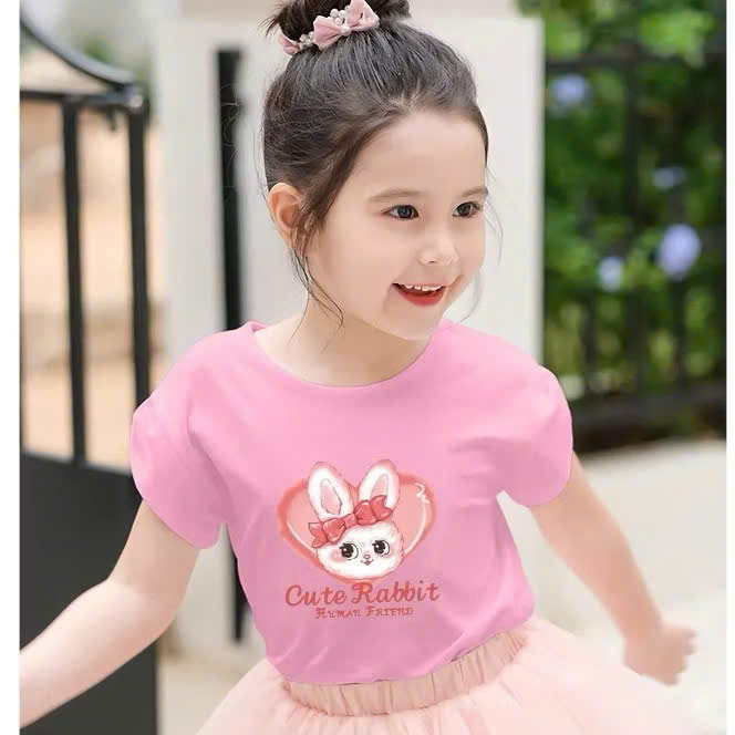 Alternative view of Áo Thun Ngắn Tay, Cộc Tạy Bé Gái Thun Cotton 4c In Thỏ Tim Dễ Thương Từ 8-45kg Cho Bé Gái