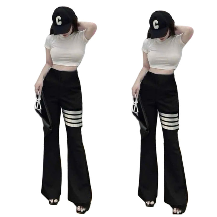Alternative view of Sét Bộ Đồ Quần Ống Loe Cạp Cao Co Dãn Thoải Mái + Mix Áo Croptop Trơn Tăm Lạnh Form Vừa