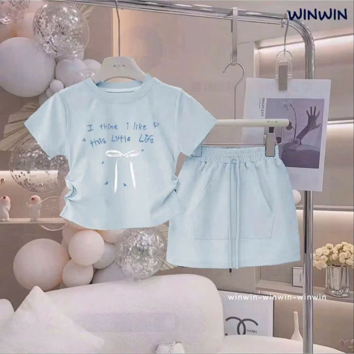 Alternative view of Set Váy Bé Gái Áo Thun Dây Rút Đính Nơ Kèm Chân Váy Chữ A Từ 12-45kg Dành Cho Bé Gái