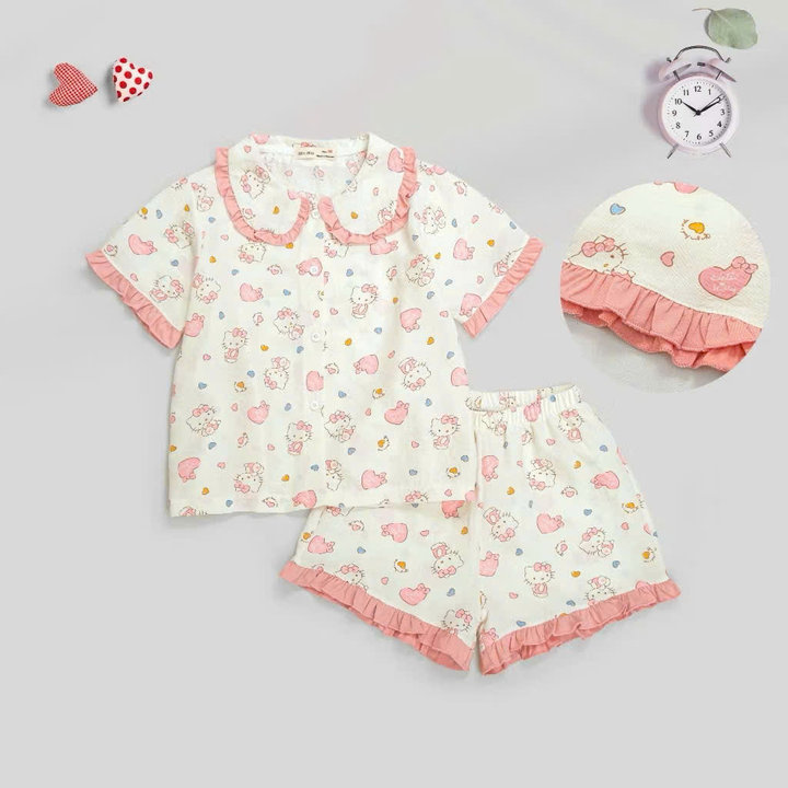 Bộ Pyjama Bé Gái Chật Đũi Cotton Mềm Mại Với Hoạ Tiết Gấu, Kitty Dễ Thương Từ 12-50kg Cho Bé Gái