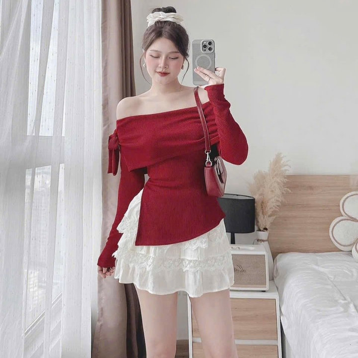 Set Áo Tăm Cột Nơ Vai Mix Chân Váy Mango Phối Ren Tb96tr-nana House