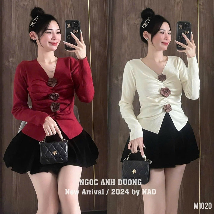 Set Áo Thun Tăm Tay Dài Đính Hoa Trà Mix Chân Váy Nhung Bí Bt105p-sam Store