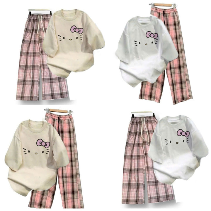 Tổng Hợp Các Sét Bộ Quần Suông Cạp Cao + Mix Áo Phông Form Rộng Unisex - Hình Mèo Từ Chất Liệu Cotton Và Da Cá Siêu Đẹp