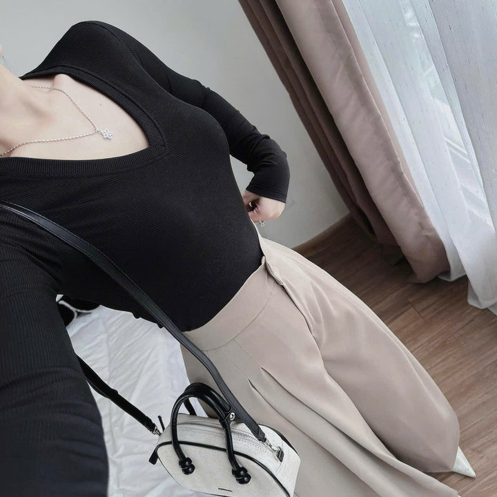 Alternative view of Set Áo Tay Dài Cổ Tim Phối Quần Suông Bagger Thật Lưng Thun Bt100yh- Sam Store
