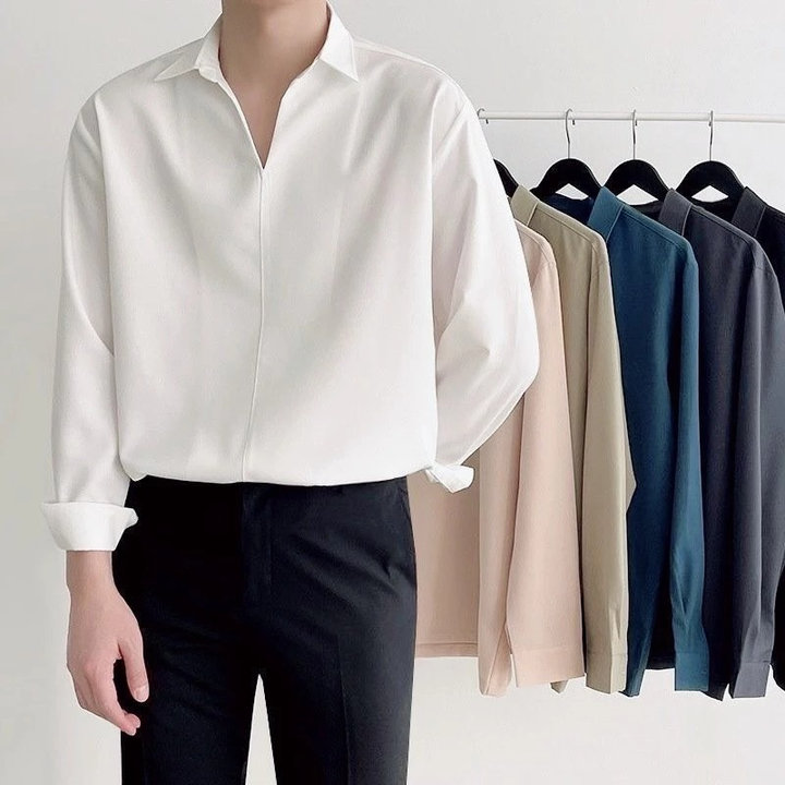 Áo Sơ Mi Trắng Nam Tuto5 Menswear Smt06 - Sơ Mi Dài Tay Cổ Chữ V Chất Vải Lụa ,không Nhăn Form Rộng Phong Cách Hàn Quốc