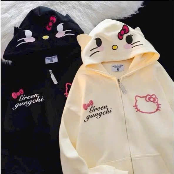 Áo Hoodie Zip Khoác Nỉ Hello Kitty Có Nơ Mũ Tay Bồng Nhiều Màu Form Rộng Unisex Nam Nữ Xinh Xắn - Tp900