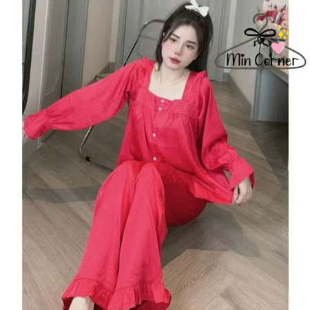 Pijama Tay Dài Cổ Vuông Bộ Đồ Ngủ Nữ Pijama Tiểu Thư Dài Tay Mặc Nhà Thu Đông Mb356 - Min Corner