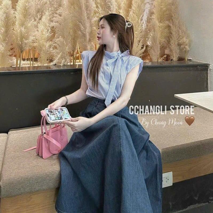 Set Chân Váy Denim Mix Áo Sơmi Thắt Nơ Bt113gt-nana House