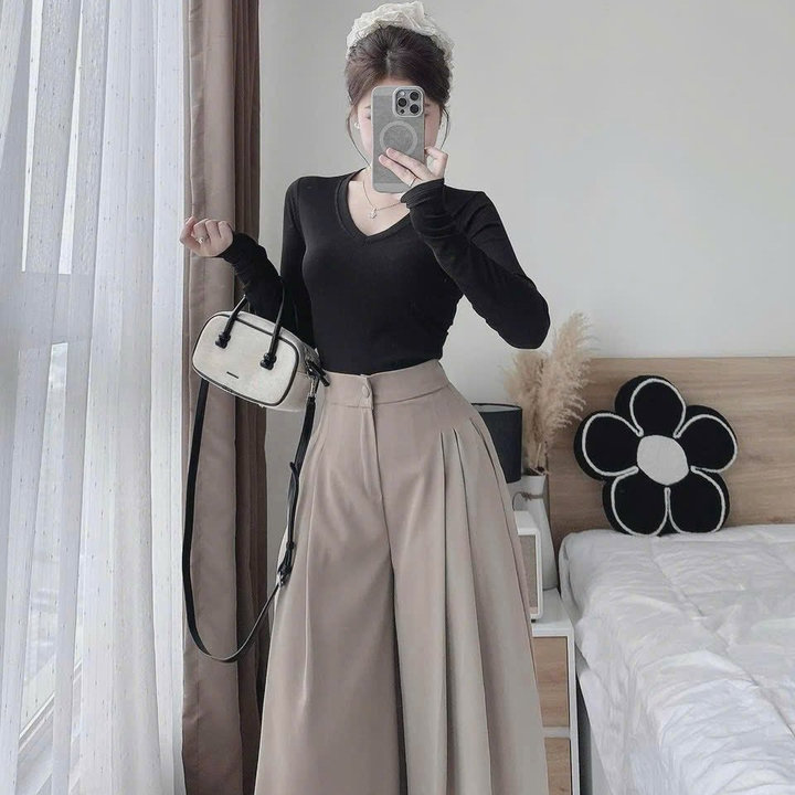 Set Quần Suông Bagger Thật Lưng Phối Thun Áo Tay Dài Cổ Tim Tb100lo- Nana House