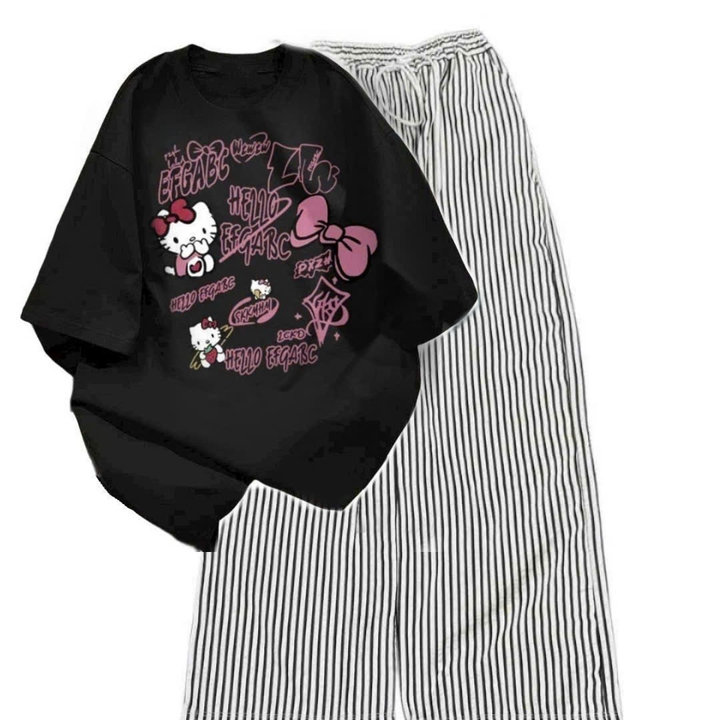 Alternative view of Sét Bộ Đồ Quần Đũi Kẻ Sọc +mix Áo Phông Mèo Cute Form Rộng Tay Lỡ Chất Cotton